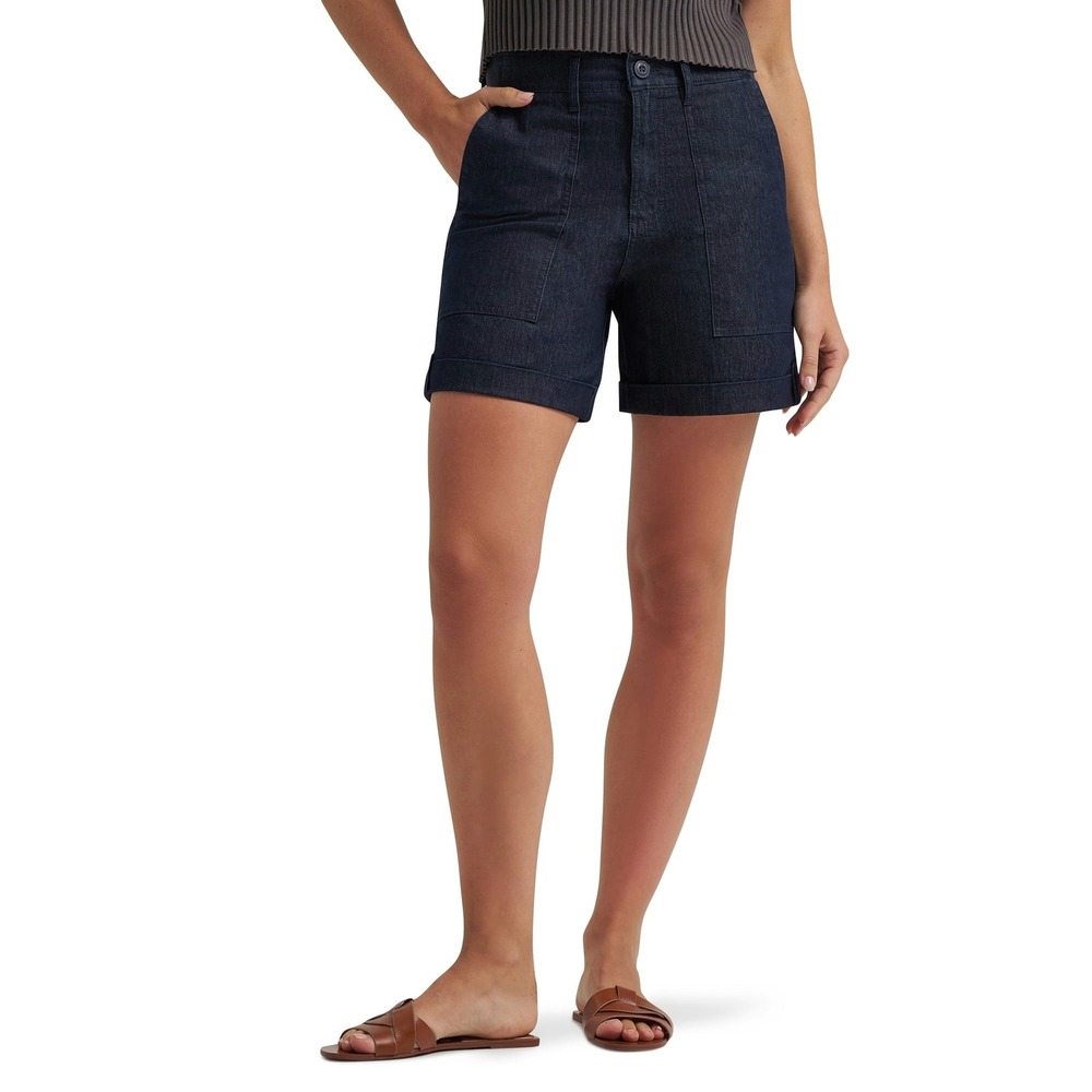 Lee Women Utility Shorts Mid Rise Comfort Waistband 6" Fresno Denim Size 12